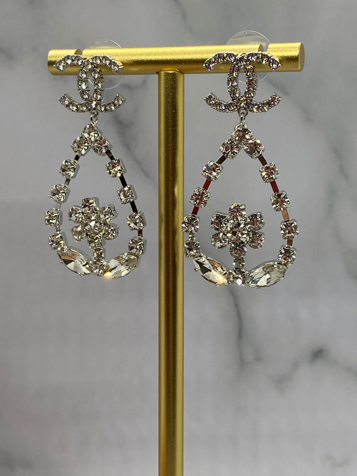CHANEL CC Silver Tone Rhinestone Chandelier Earrings - Pre owned