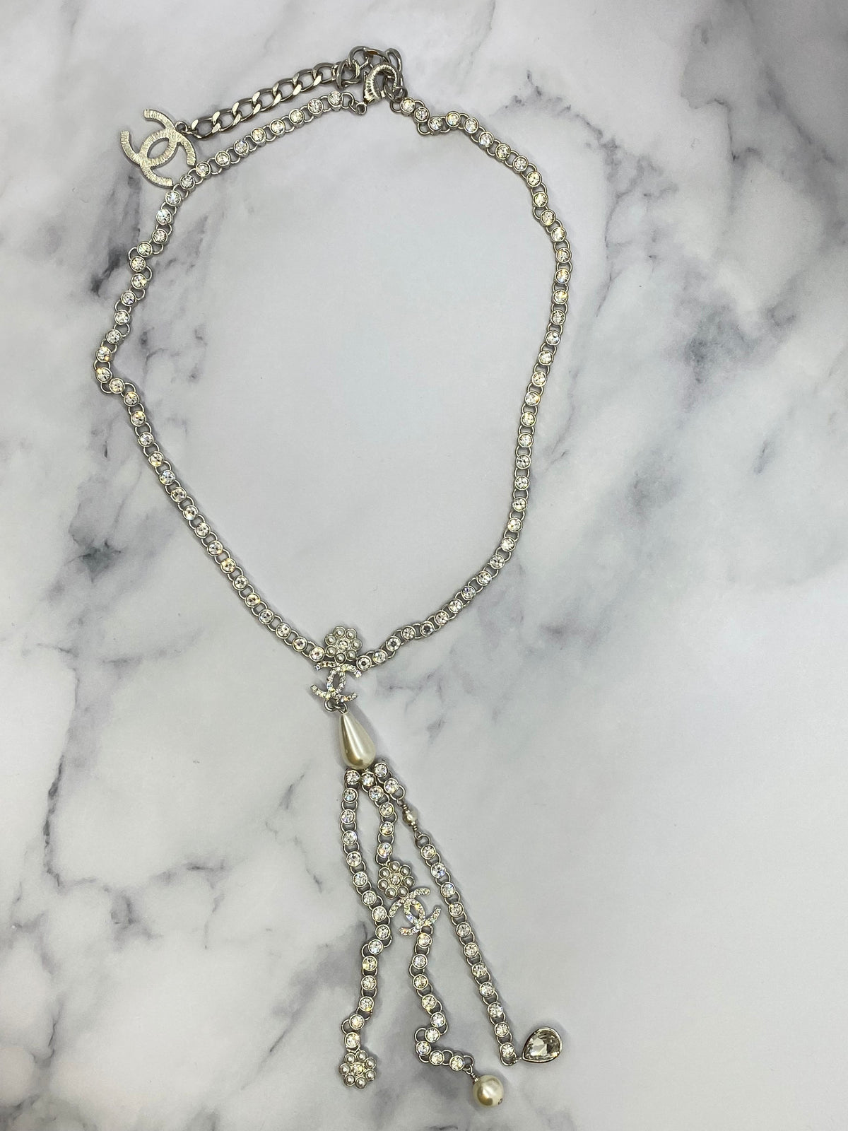 CHANEL CC Gold Tone Rhinestone Fringe Necklace - USED