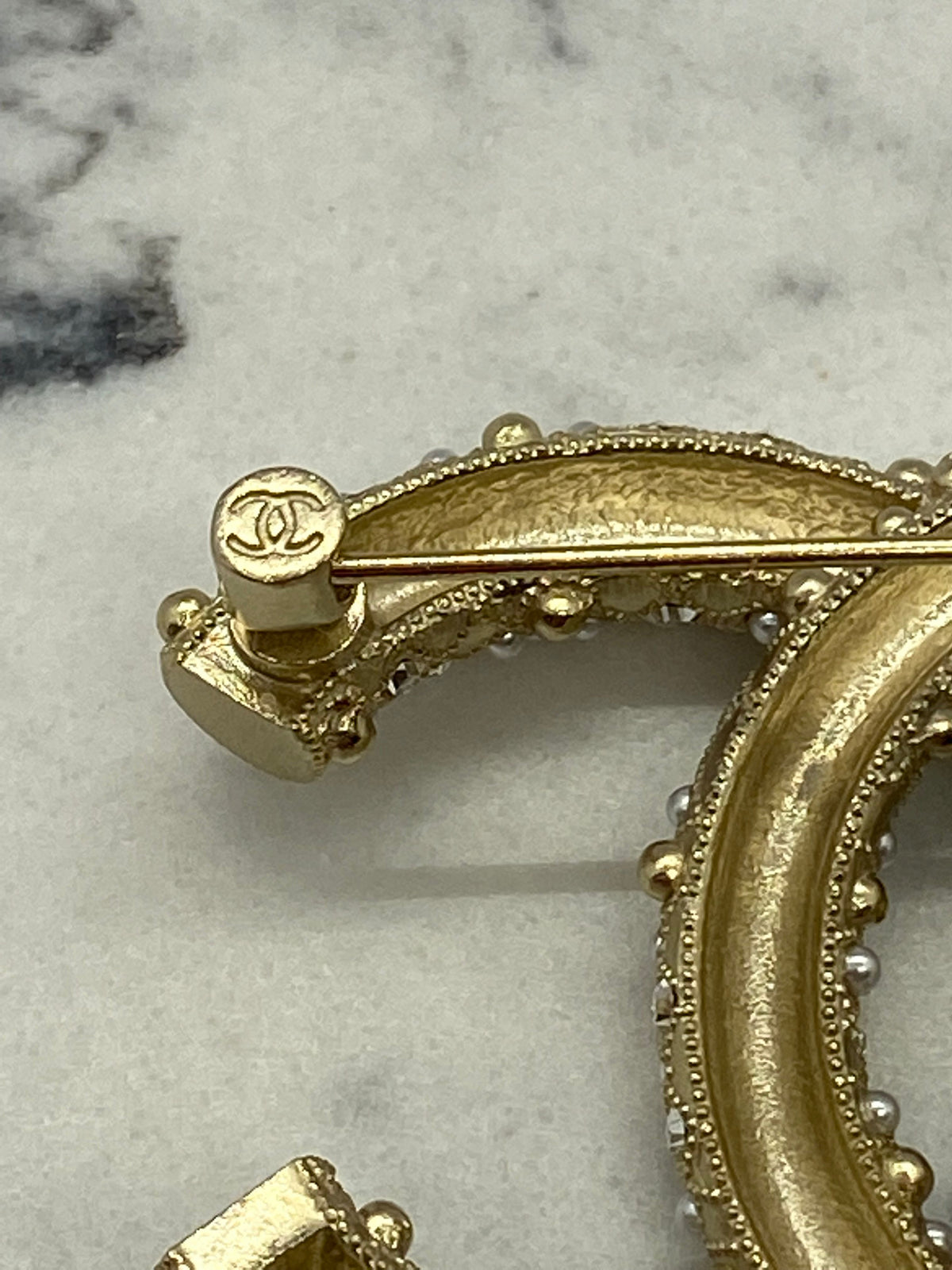 CHANEL CC Gold Tone Rhinestone Brooch Pin - USED