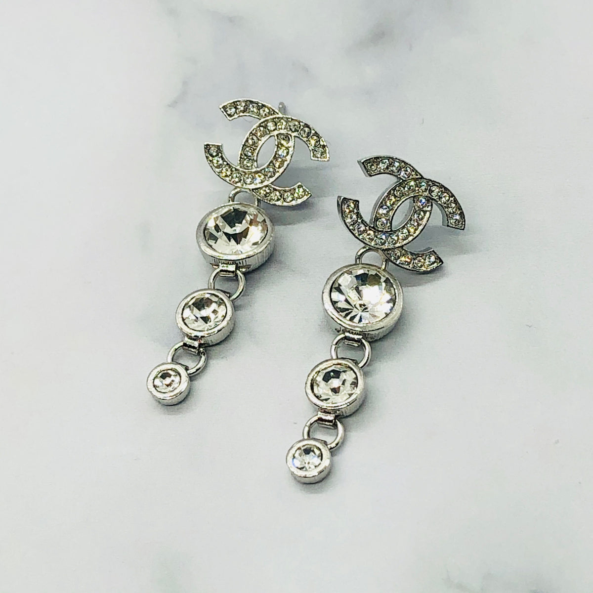 CHANEL CC Silver Tone Rhinestone Pendant Earrings - Pre owned