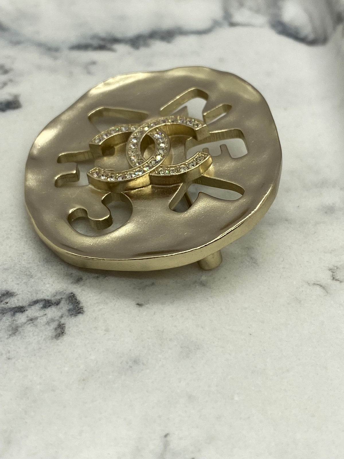 CHANEL CC Round Rhinestone Brooch Pin - USED