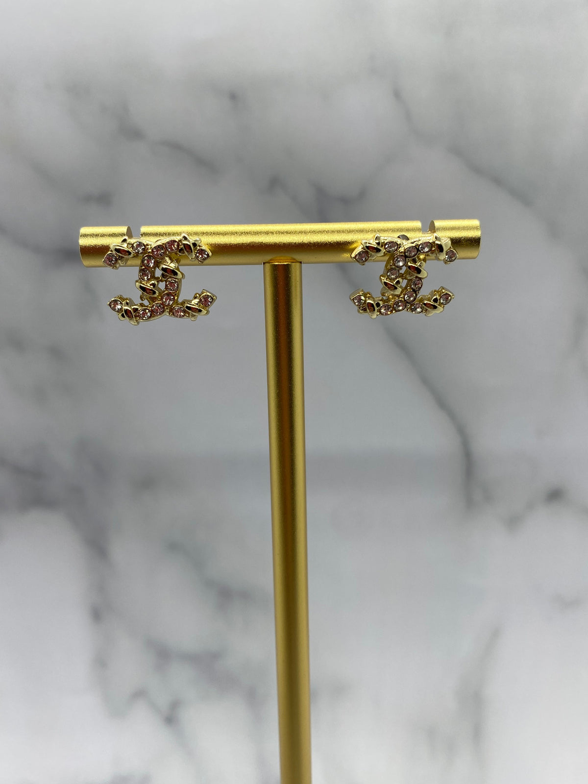 CHANEL CC Gold Tone Rhinestone Small Earrings - USED
