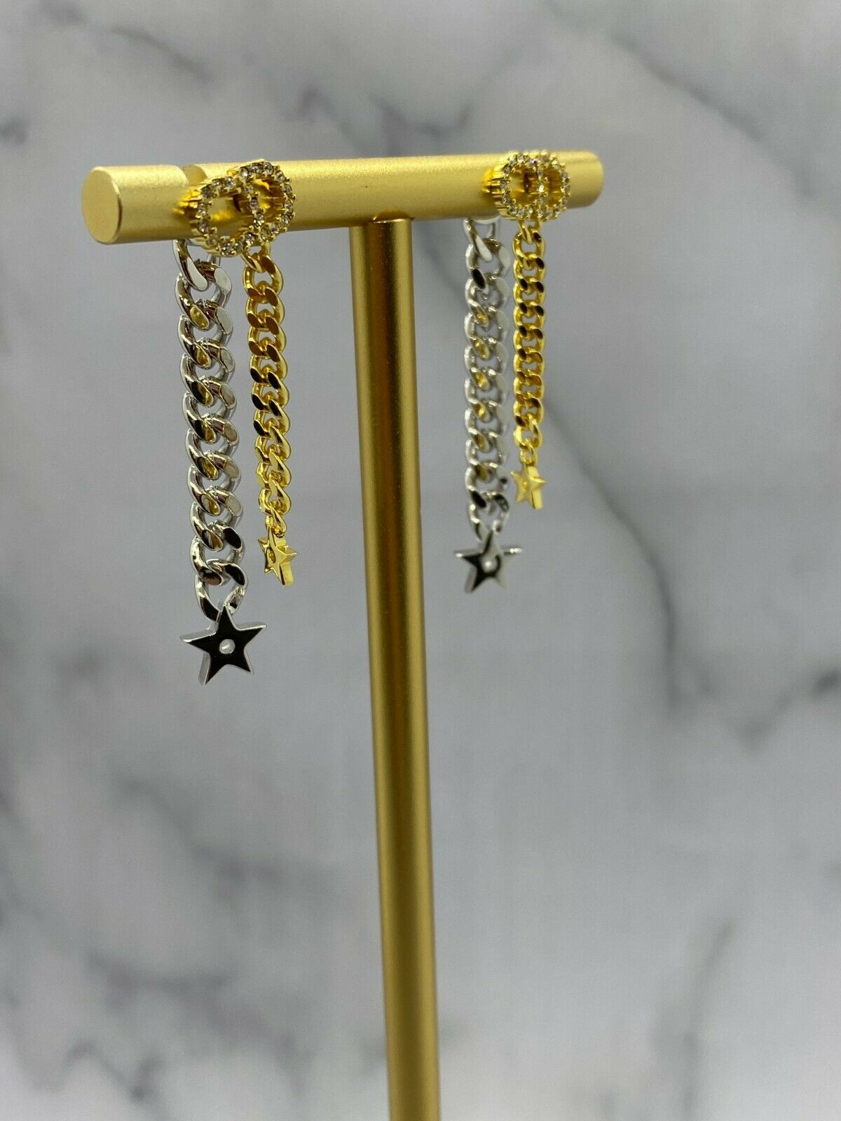 CHRISTIAN DIOR CD Silver & Gold Chain Pendant Earrings - USED