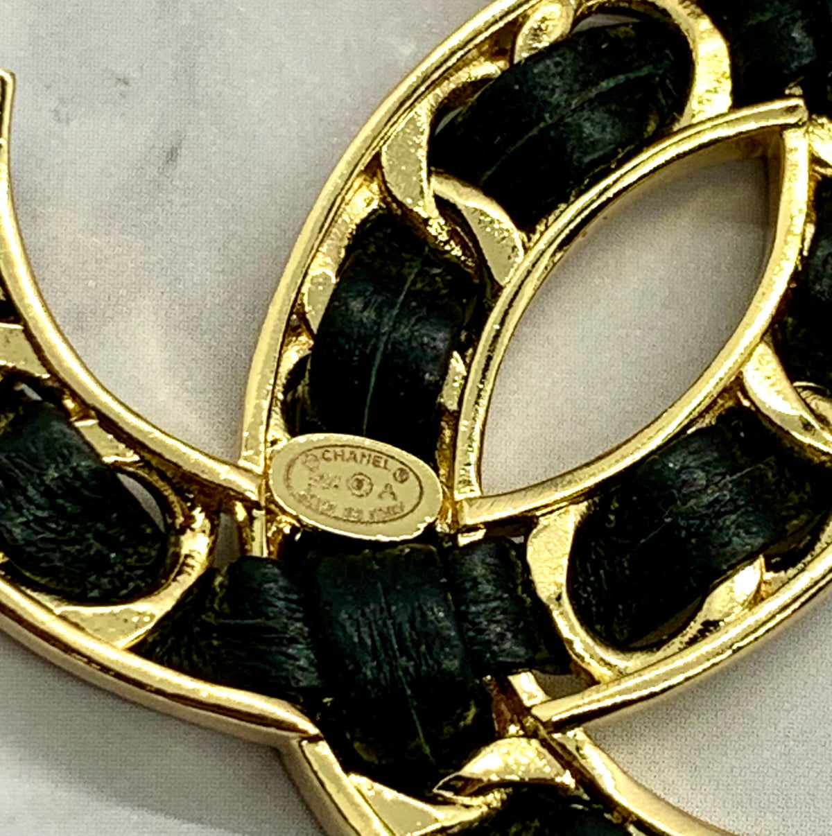 CHANEL CC Leather Trim Brooch Pin - USED