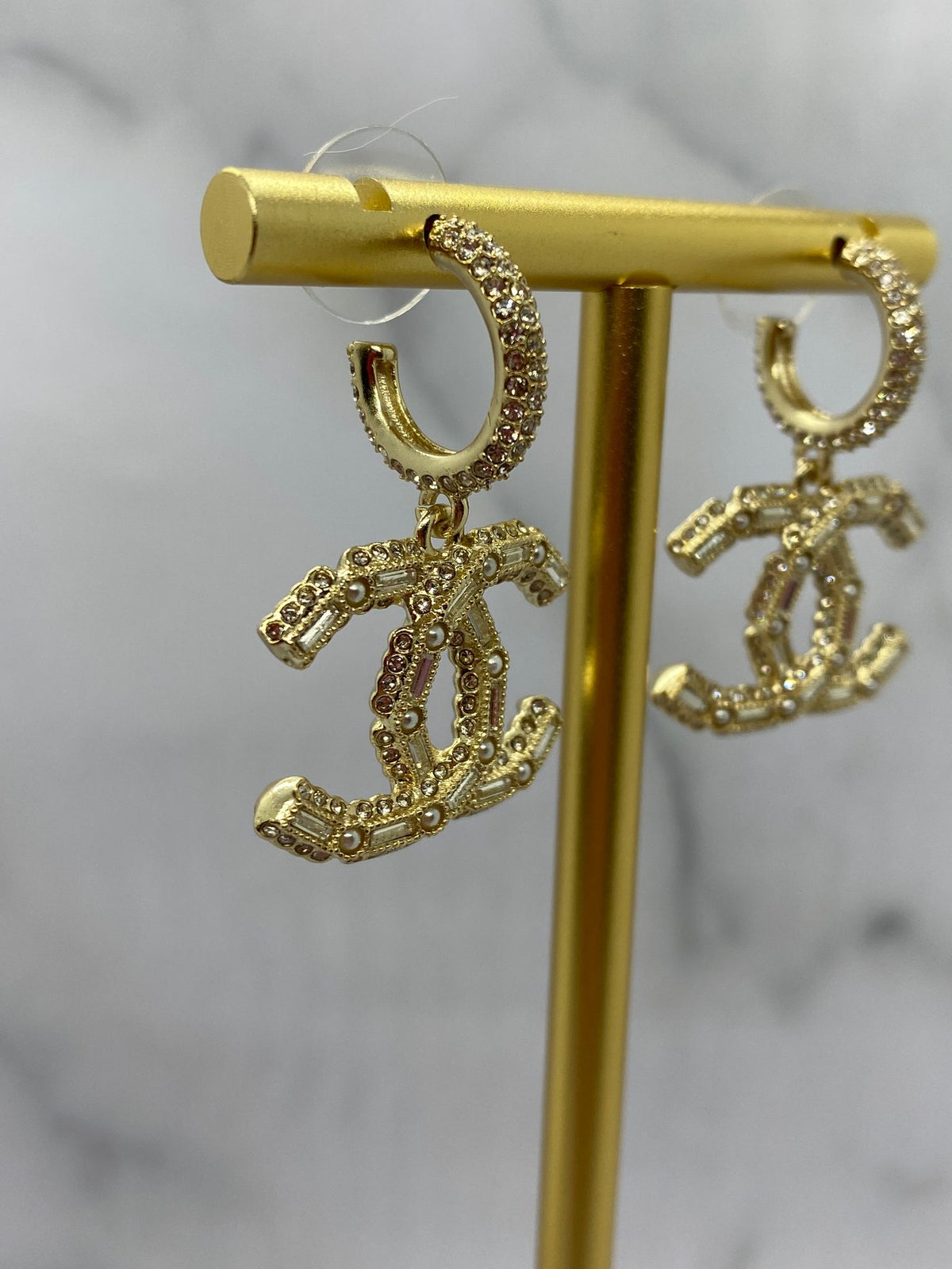CHANEL CC Gold Tone Rhinestone Earrings - USED