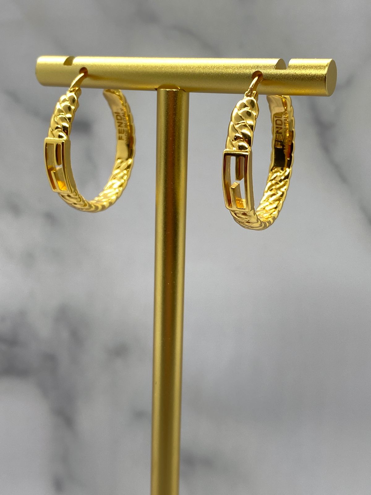 FENDI F Gold Tone Textured Hoop Earrings - Pre owned