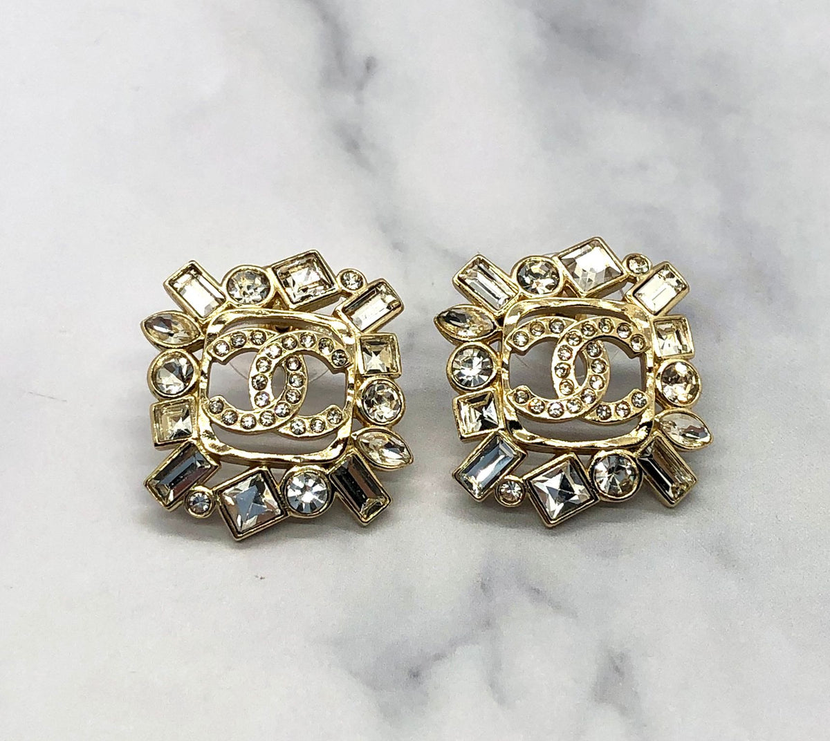 CHANEL CC Gold Tone Rhinestone Earrings - Pre owned