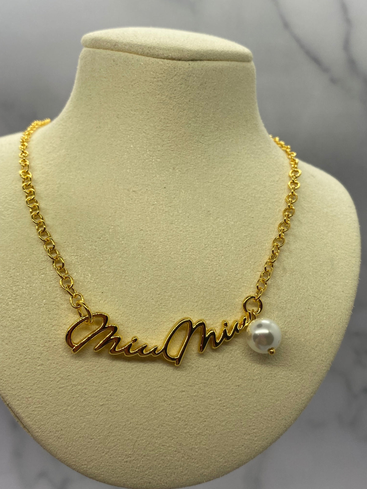 MIU MIU Gold Tone Signature Pearl Necklace - Pre owned