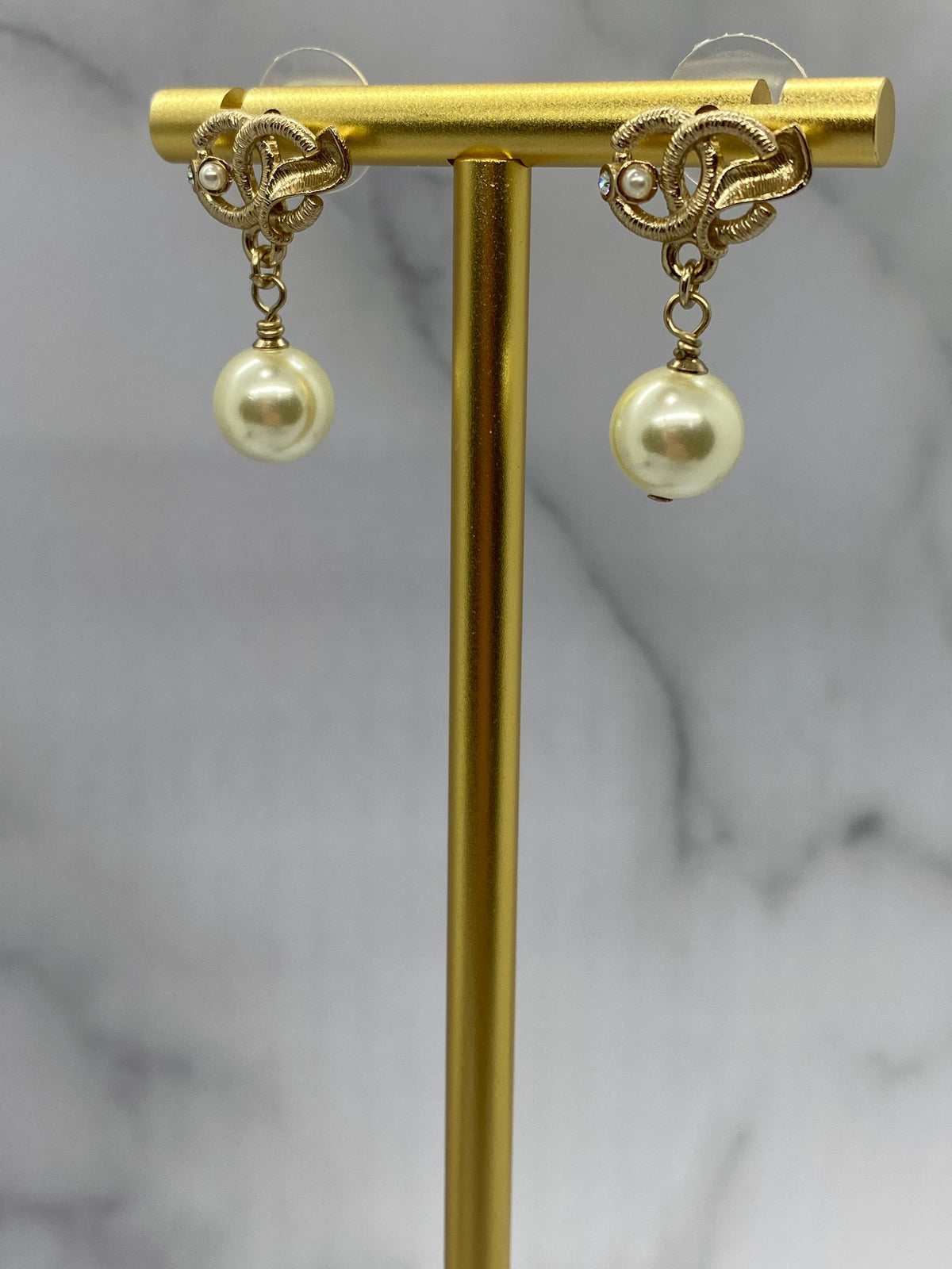 CHANEL CC Gold Tone Pearl Pendant Earrings - Pre owned