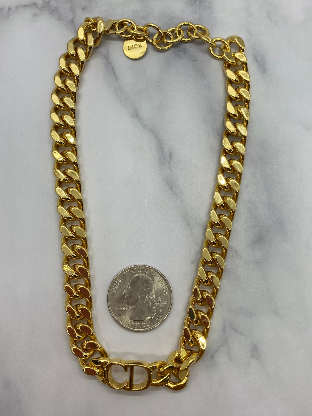 CHRISTIAN DIOR CD Gold Tone Chain Choker Necklace - USED
