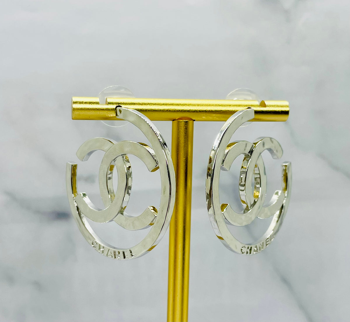 CHANEL CC Silver Tone Hoop Earrings - Pre owned