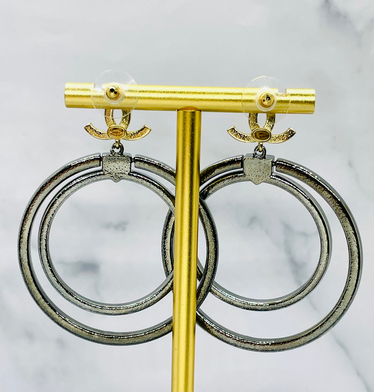 CHANEL CC Double Hoop Rhinestone Earrings - Pre owned