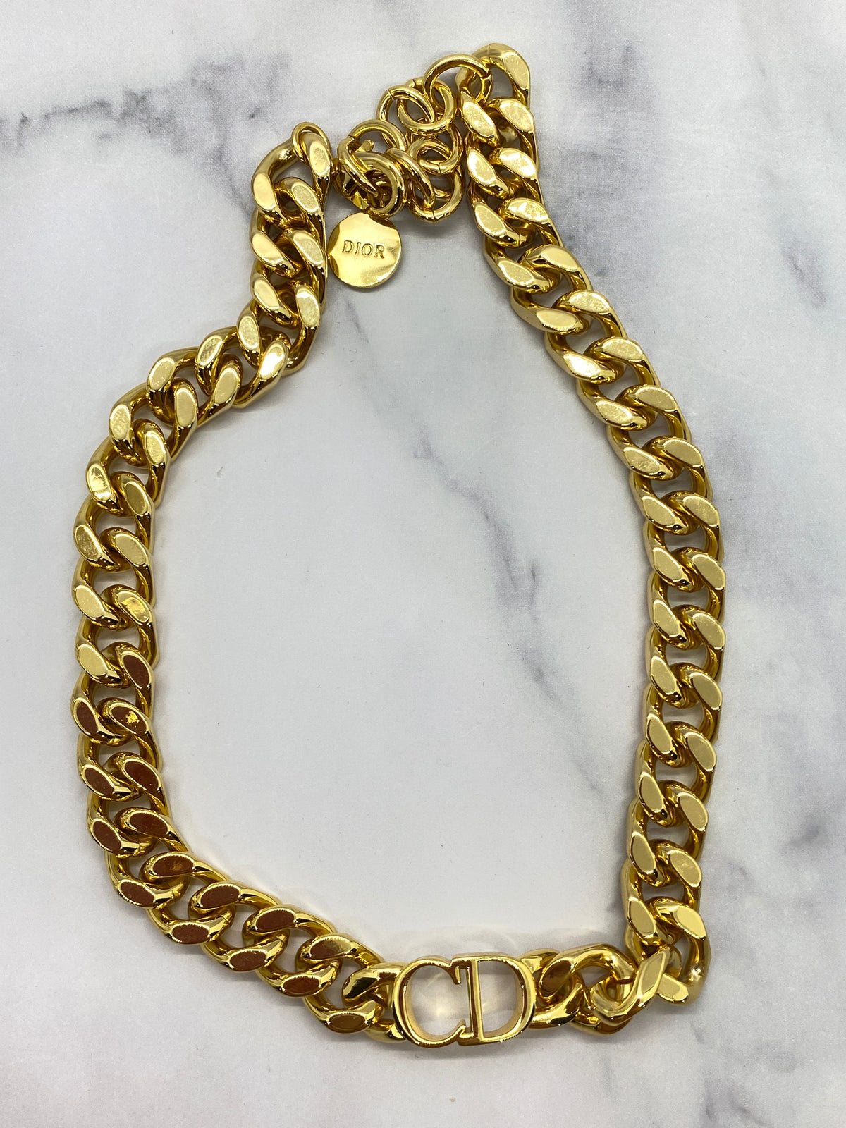CHRISTIAN DIOR CD Gold Tone Chain Choker Necklace - USED