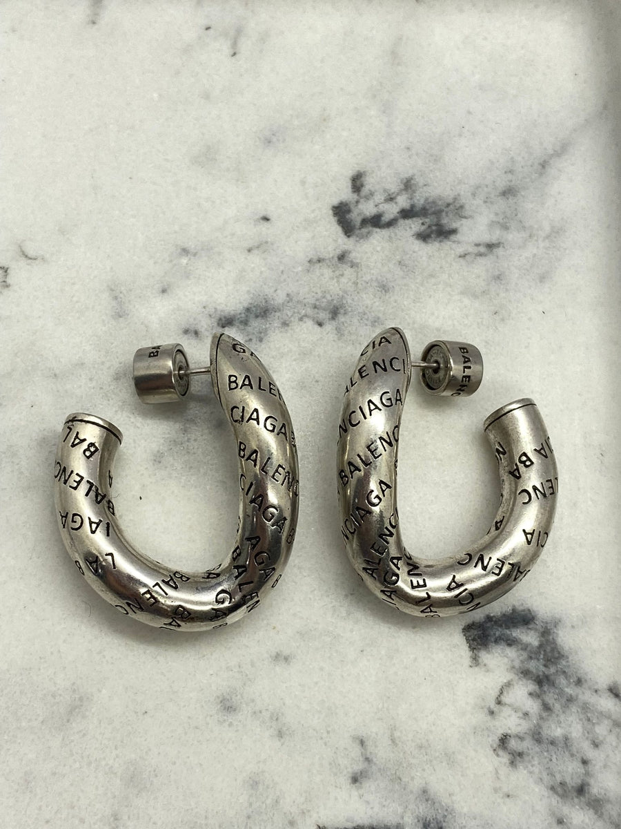 BALENCIAGA Silver Tone Monogram Hoop Earrings - Pre owned