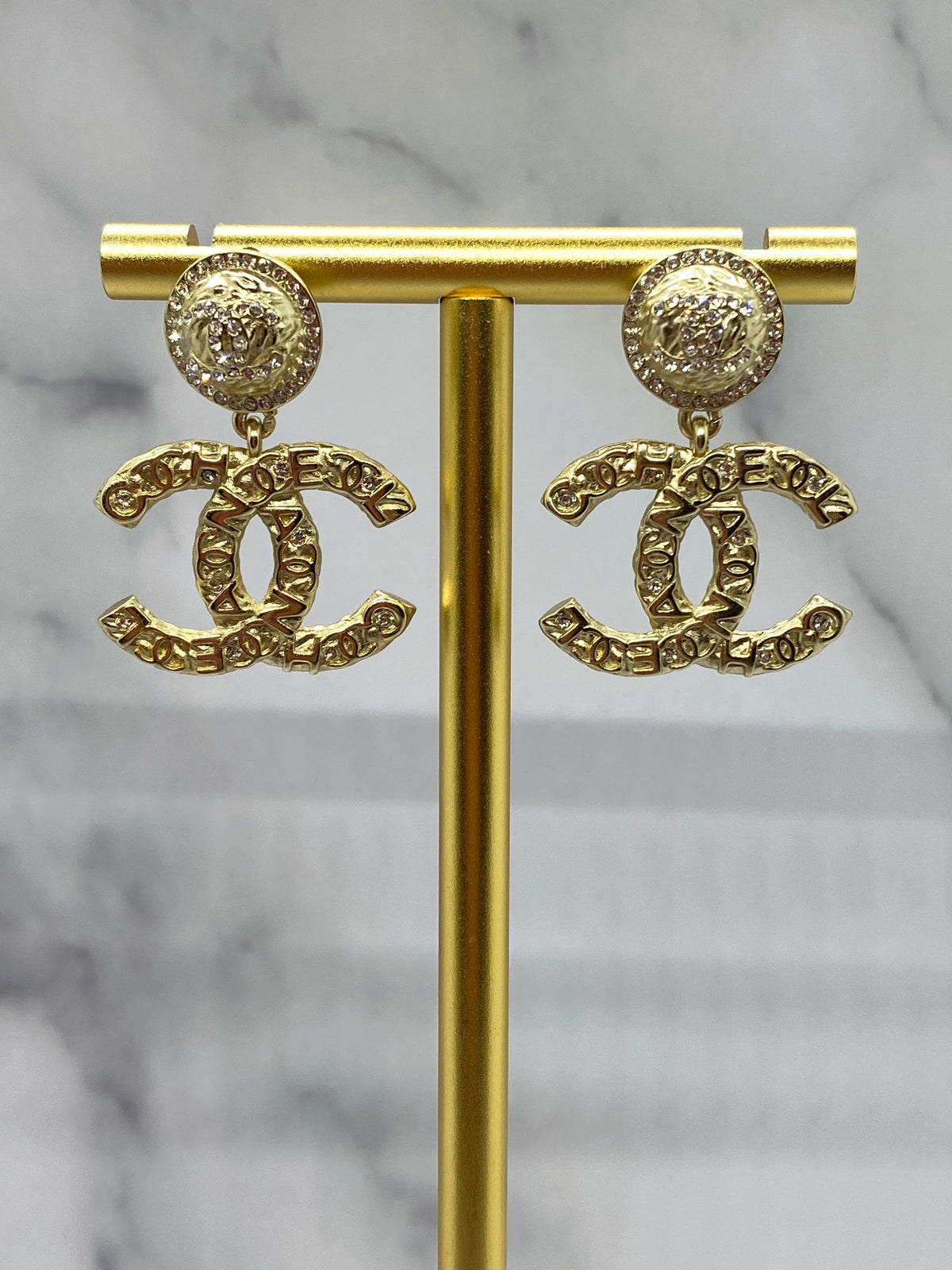 CHANEL CC Gold Tone Monogram Statement Earrings - USED