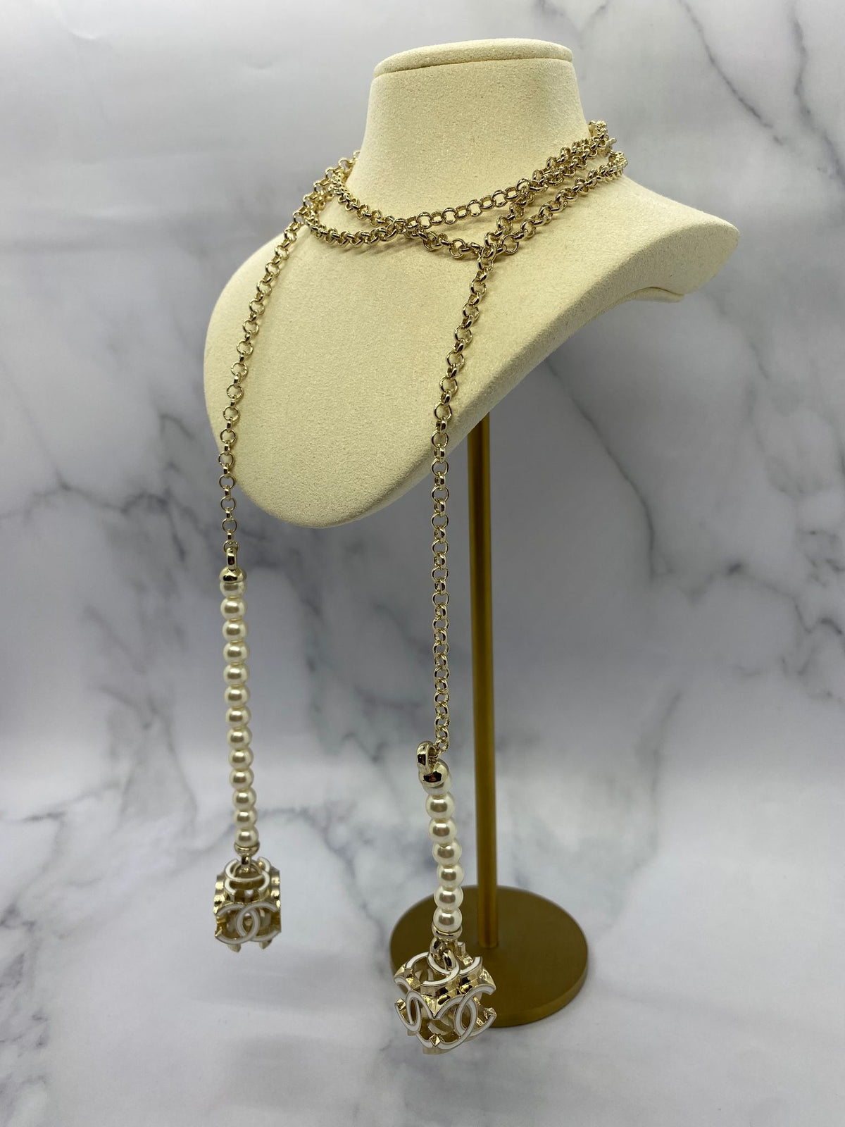 CHANEL CC Pearl Trim Pendant Wrap Necklace - USED
