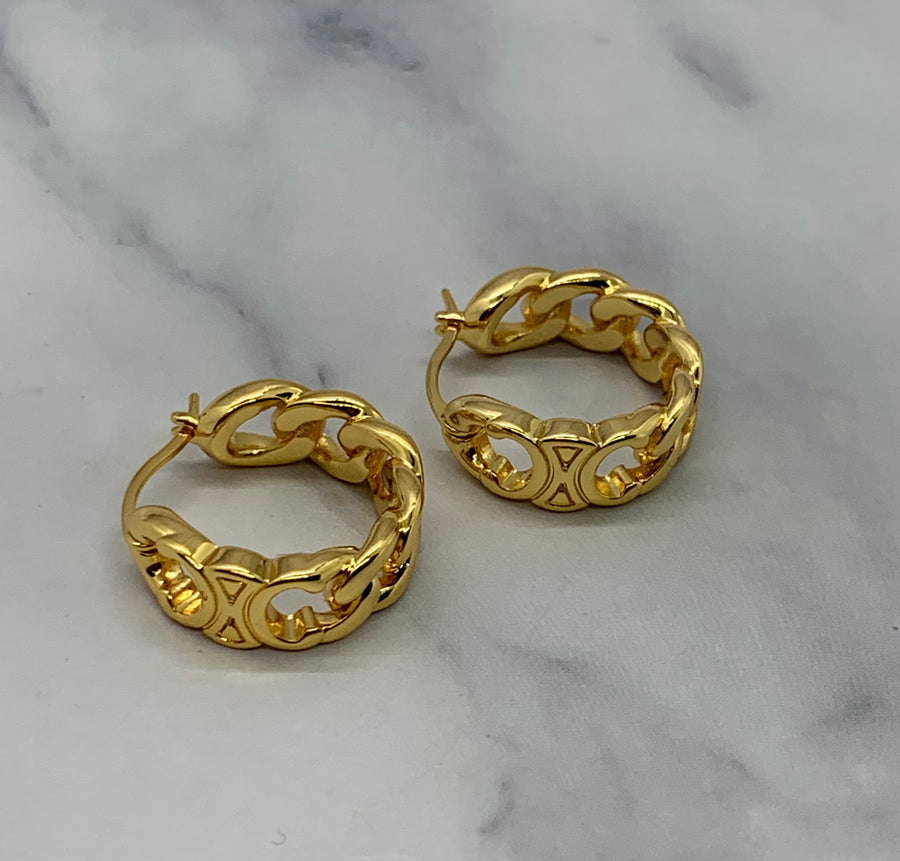 CELINE Gold Tone Hoop Monogram Earrings - Pre owned