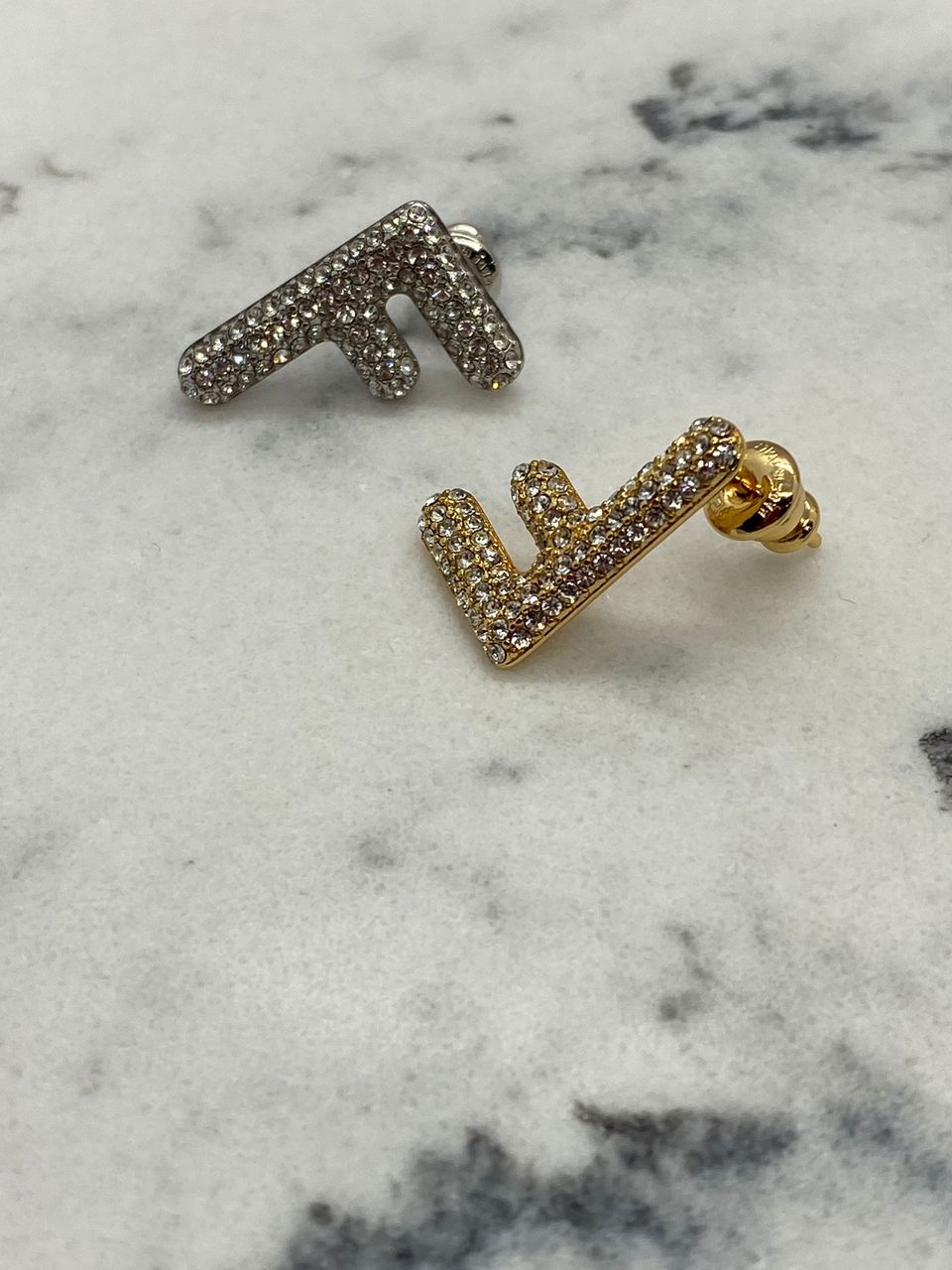 FENDI F Silver & Gold Tone Rhinestone Earrings - Pre owned