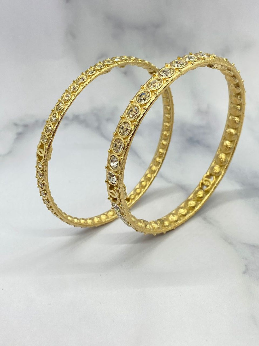 CHANEL CC Gold Tone Rhinestone Bangle Bracelet Set - USED