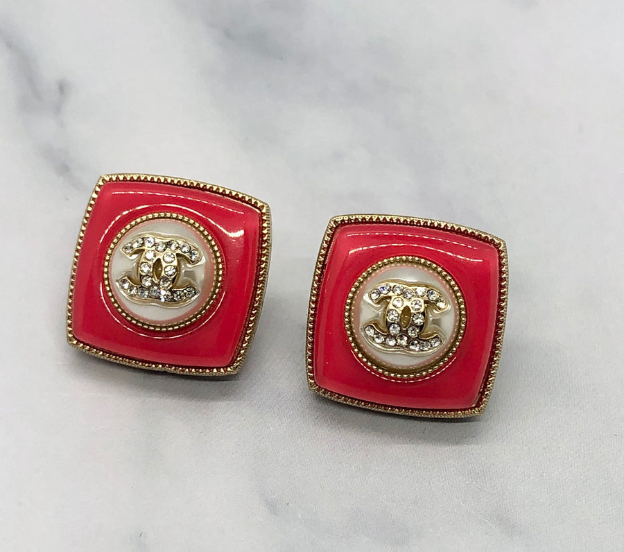 CHANEL CC Red Rhinestone Square Earrings - USED