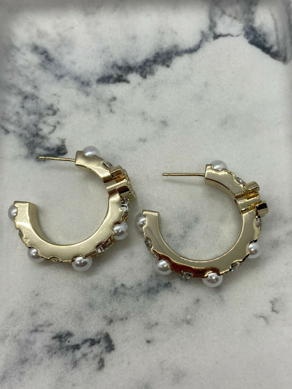 CHANEL CC Gold Tone Pearl & Rhinestone Hoop Earrings - USED