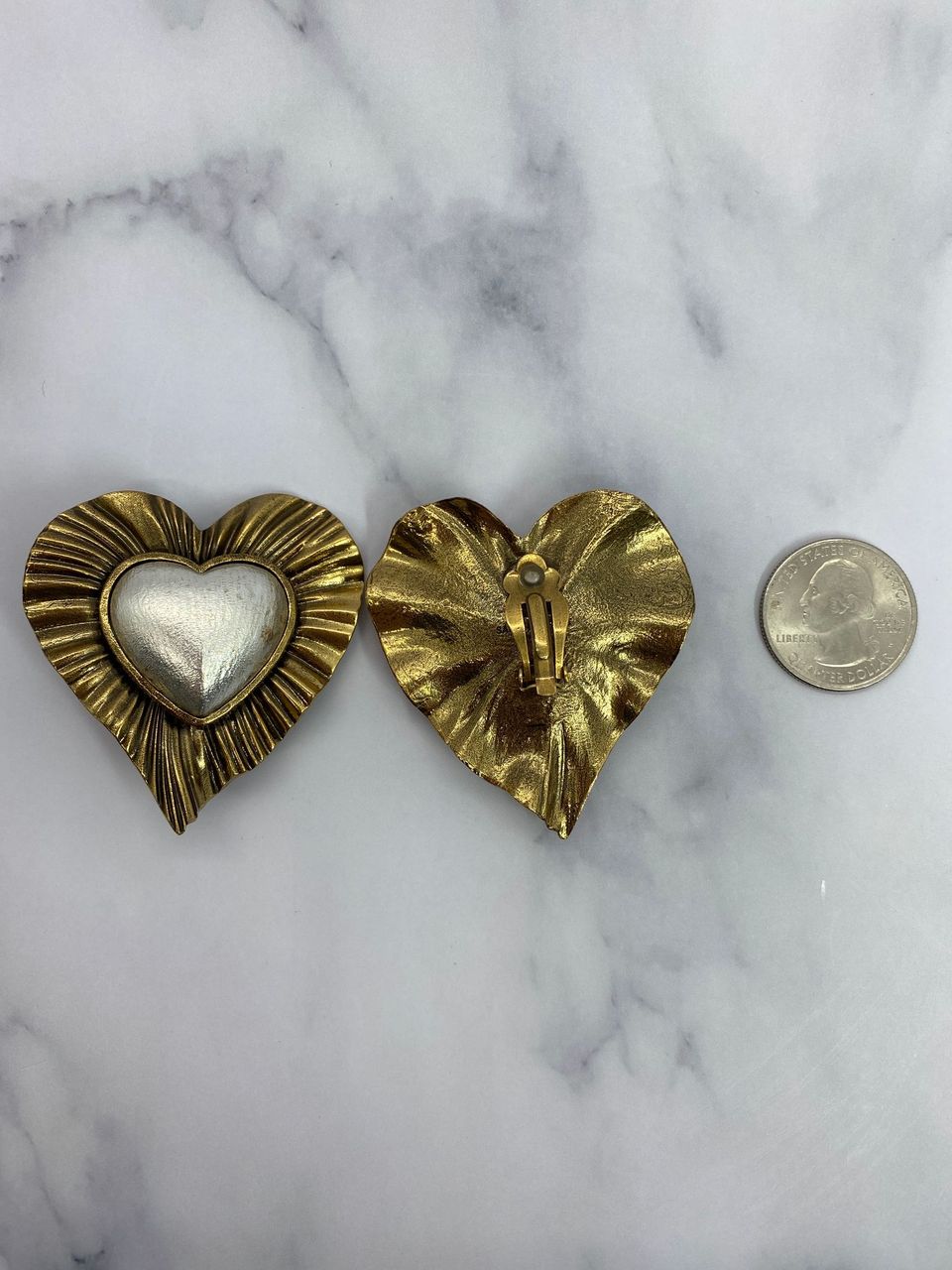 YSL YVES SAINT LAURENT Brass & Silver Heart Earrings - Pre owned