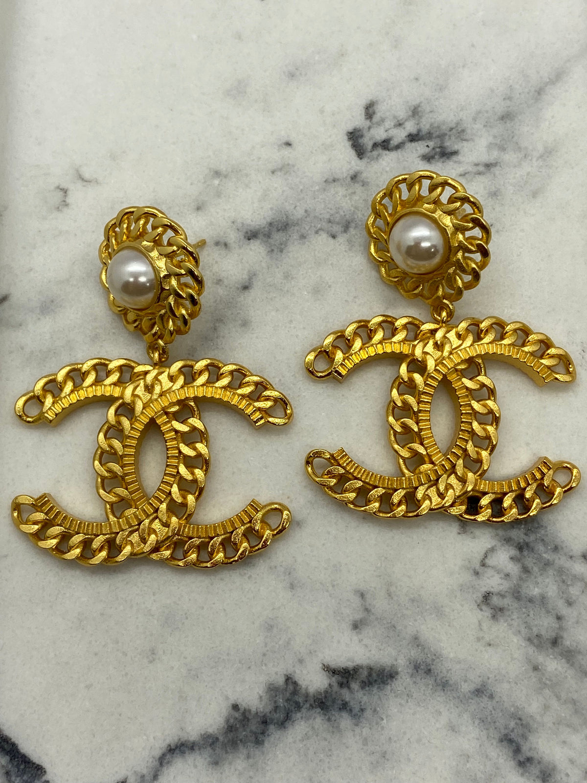 CHANEL CC Gold Tone Pearl Pendant Earrings - Pre owned