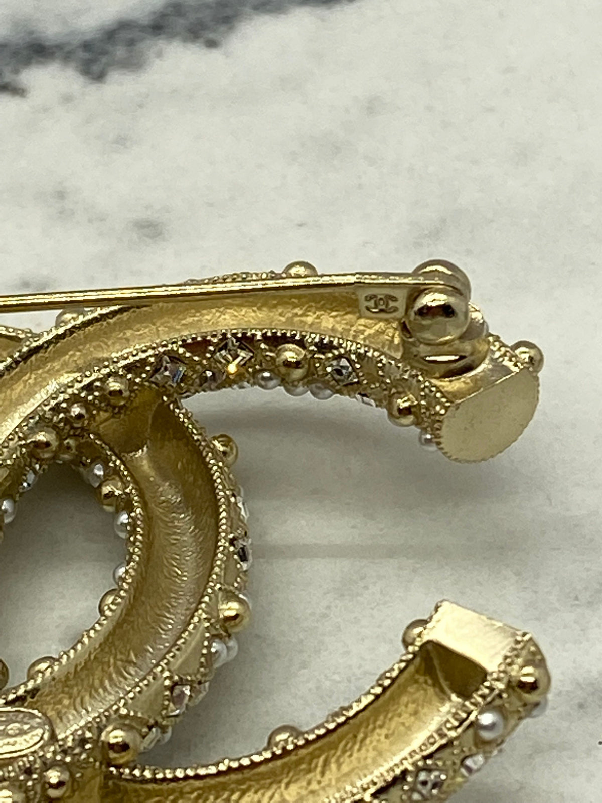 CHANEL CC Gold Tone Rhinestone Brooch Pin - USED