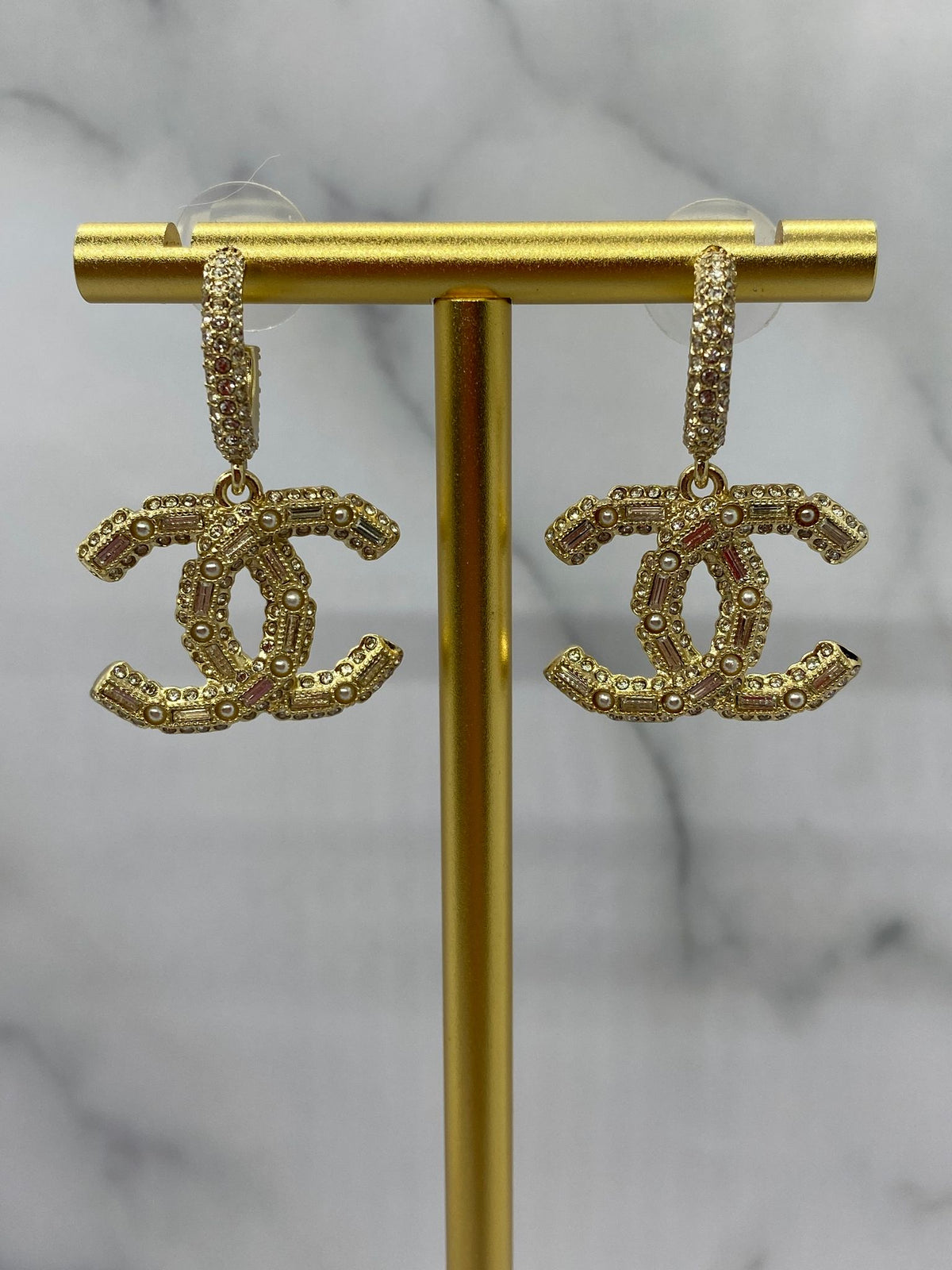 CHANEL CC Gold Tone Rhinestone Earrings - USED