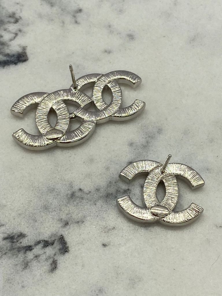 CHANEL CC Silver Tone Rhinestone Duo Earrings - Pre owned