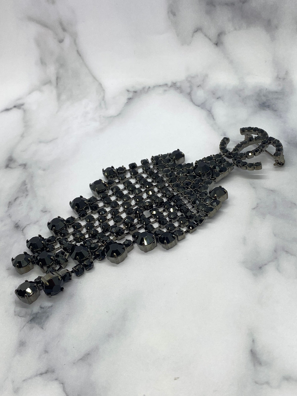 CHANEL CC Black Rhinestone Large Statement Brooch Pin - USED