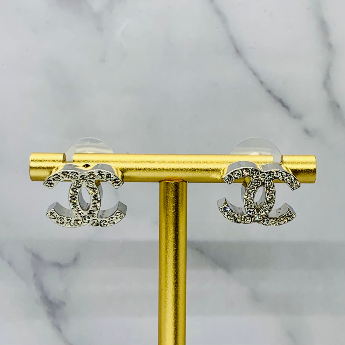 CHANEL CC Silver Tone Thick Rhinestone Earrings - Pre owned
