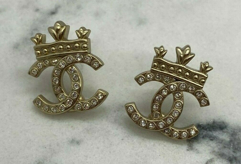 CHANEL CC Gold Tone Rhinestone Crown Earrings - USED