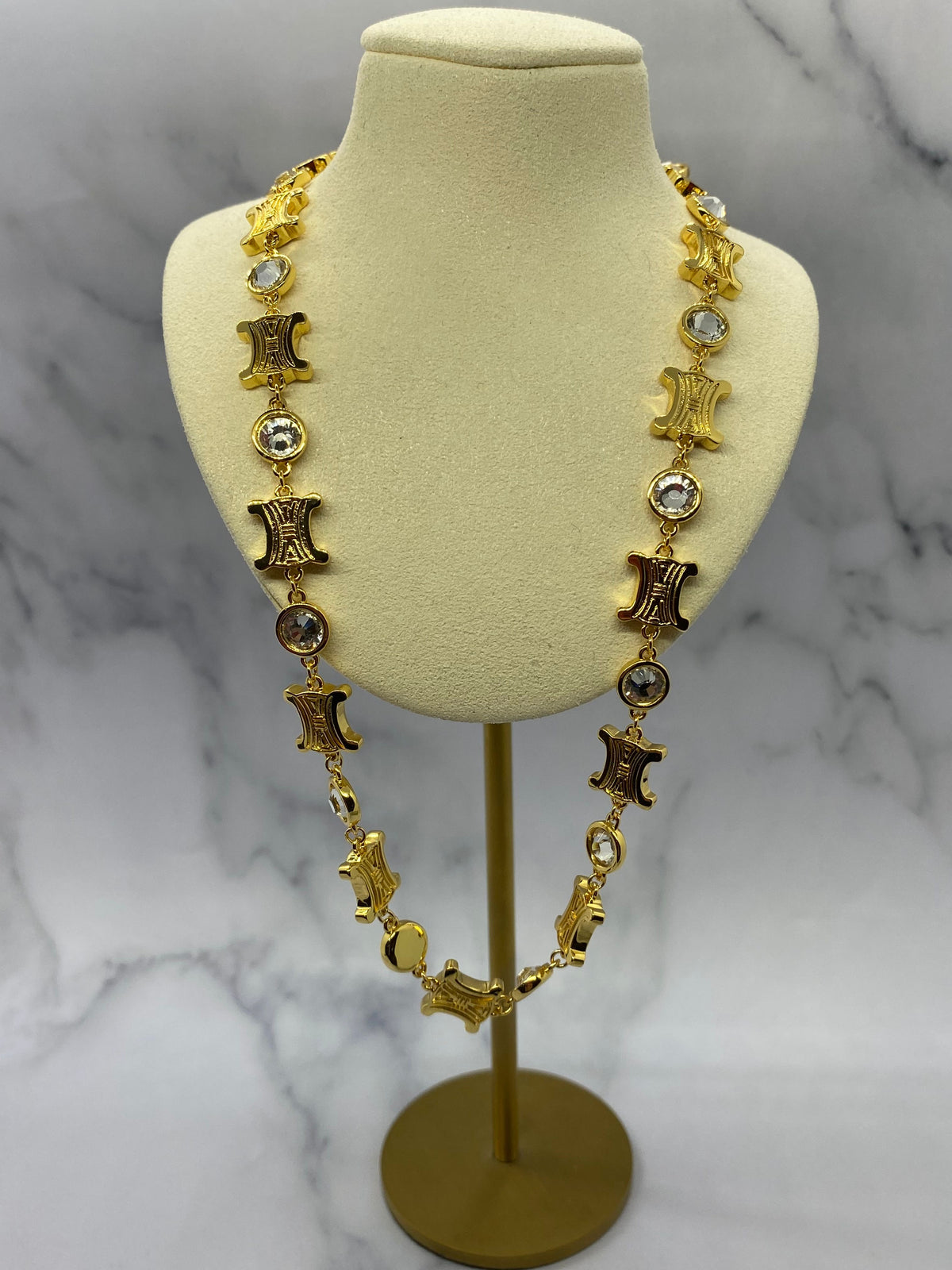 CELINE Gold Tone Rhinestone Monogram Necklace - Pre owned