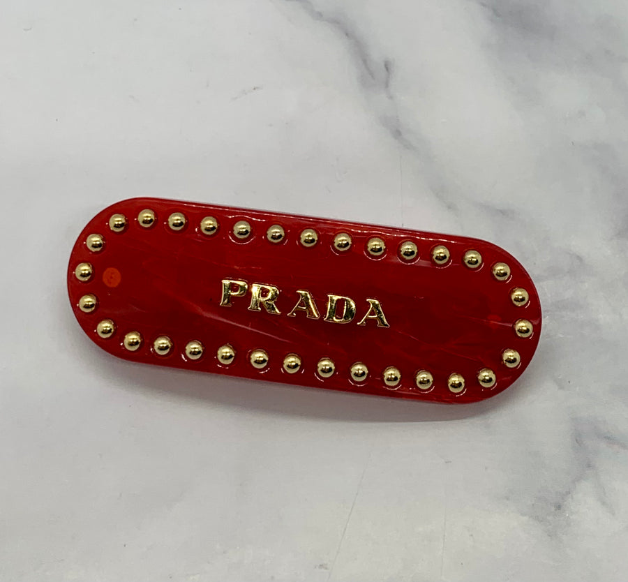 PRADA Red Acrylic Gold Stud Hair Clip Barrette - Pre owned