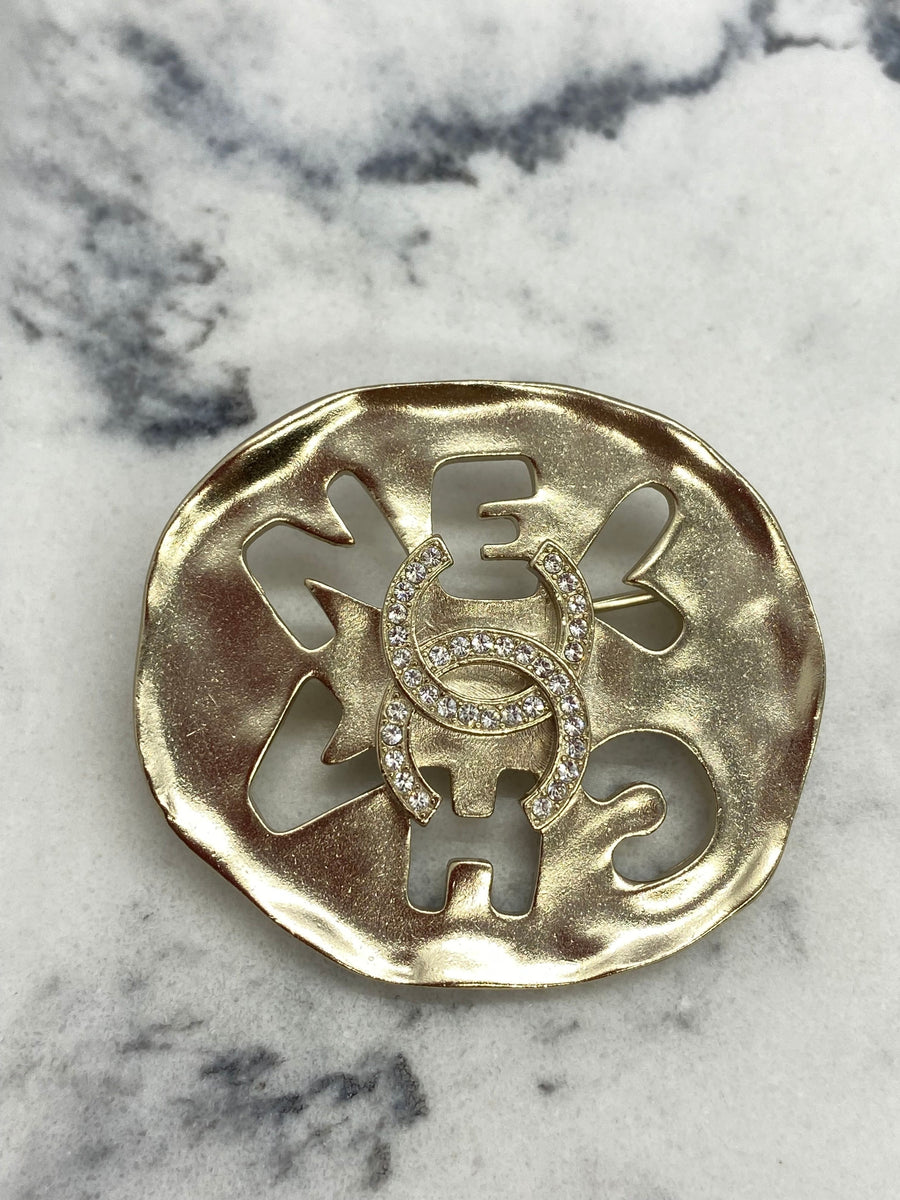 CHANEL CC Round Rhinestone Brooch Pin - USED