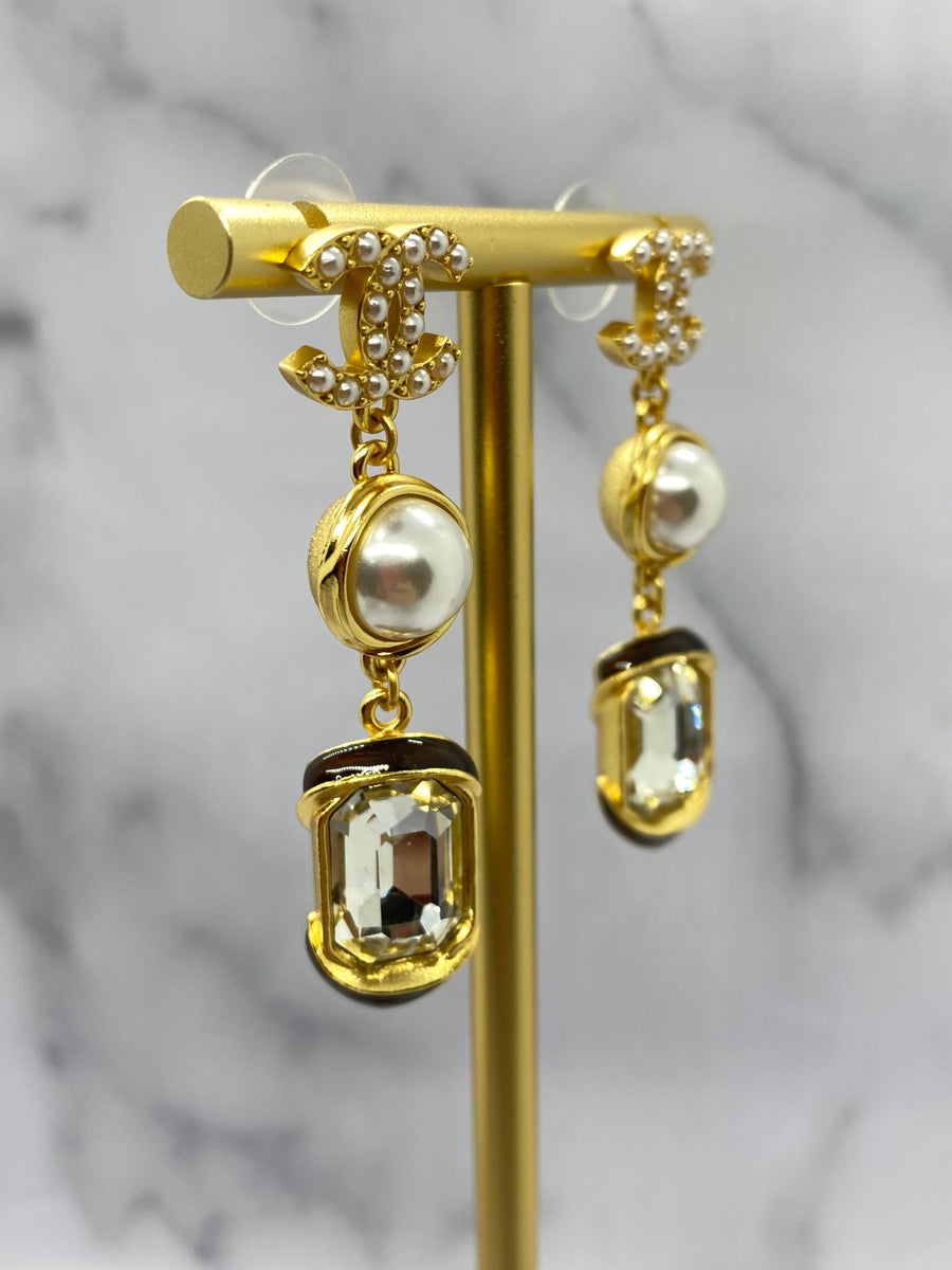 CHANEL CC Gold Tone Rhinestone Pendant Earrings - USED