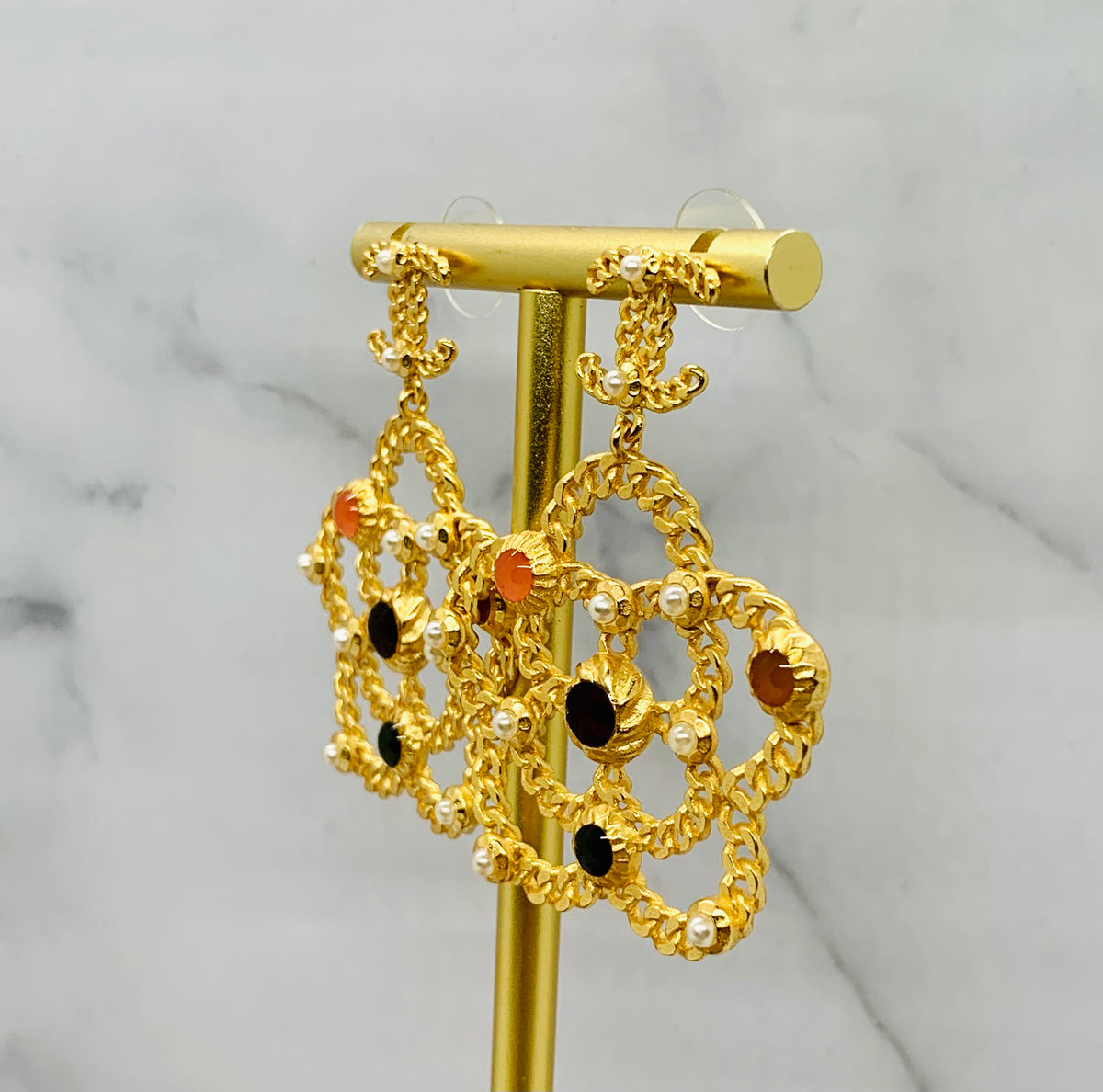CHANEL CC Camelia Pendant Earrings - USED
