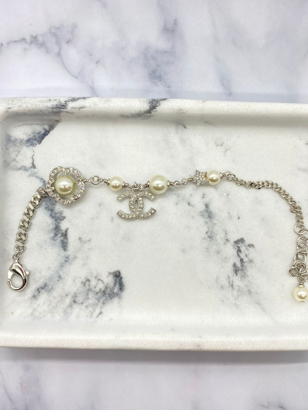 CHANEL CC Silver Tone Rhinestone Charm Bracelet - Pre owned