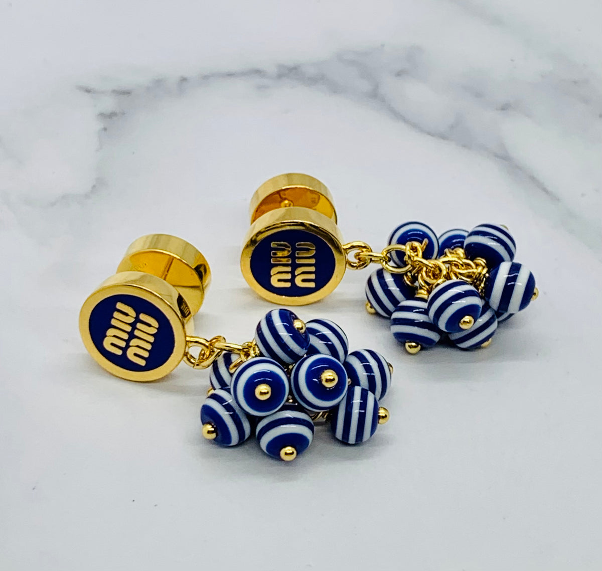 MIU MIU Blue Striped Cluster Pendant Earrings - Pre owned