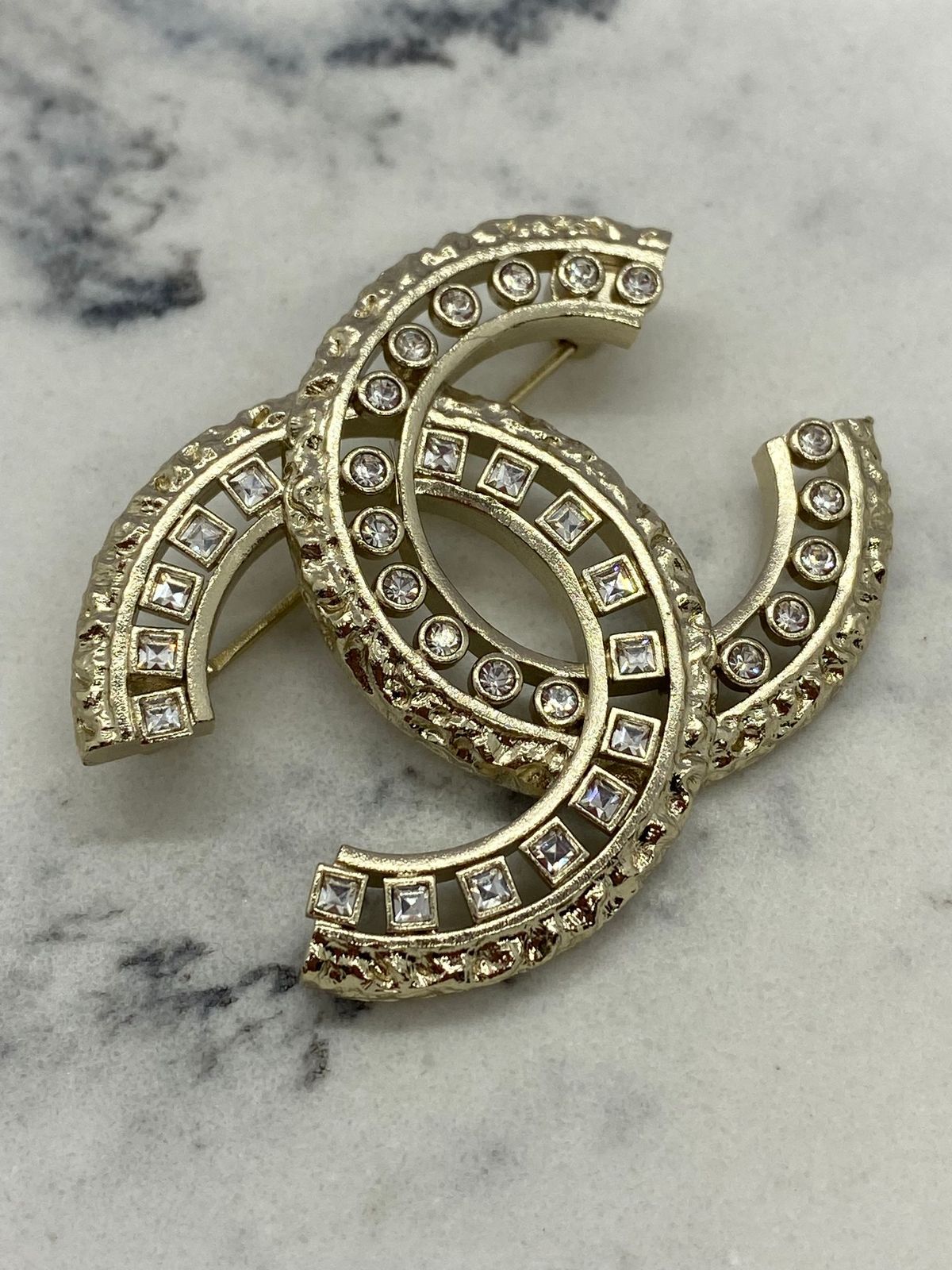 CHANEL CC Light Gold Rhinestone Brooch Pin - USED