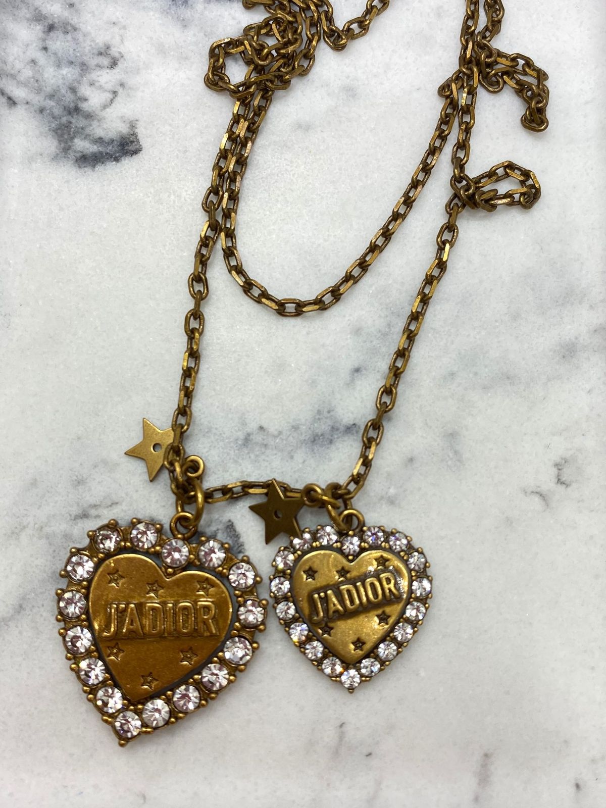CHRISTIAN DIOR J'Adior Brass Tone Rhinestone Hearts Necklace - Pre owned