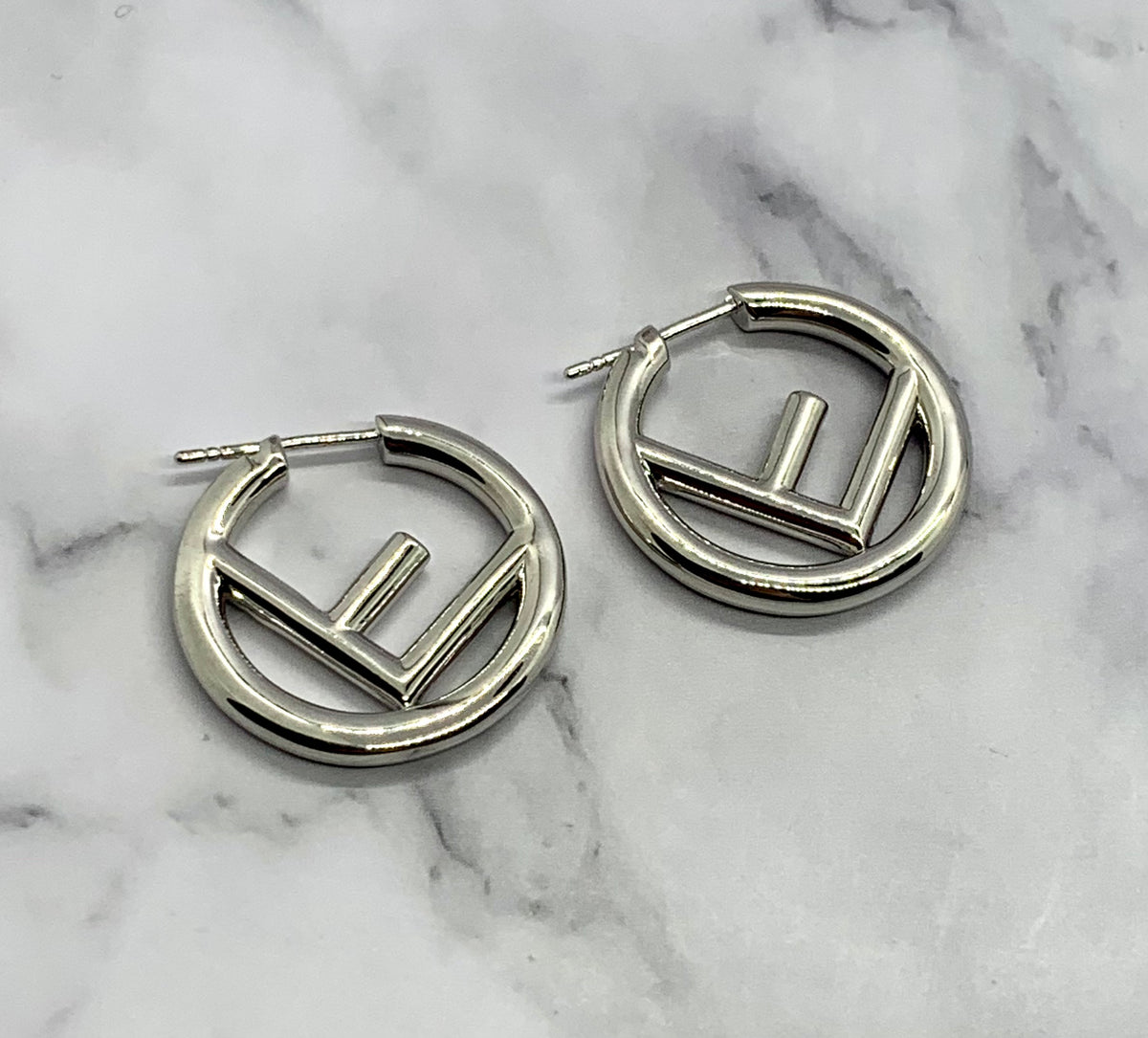 FENDI FF Silver Tone Hoop Earrings - Pre owned