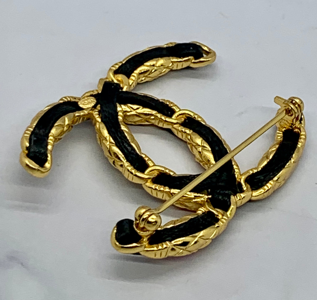 CHANEL CC Leather Trim Brooch Pin - USED