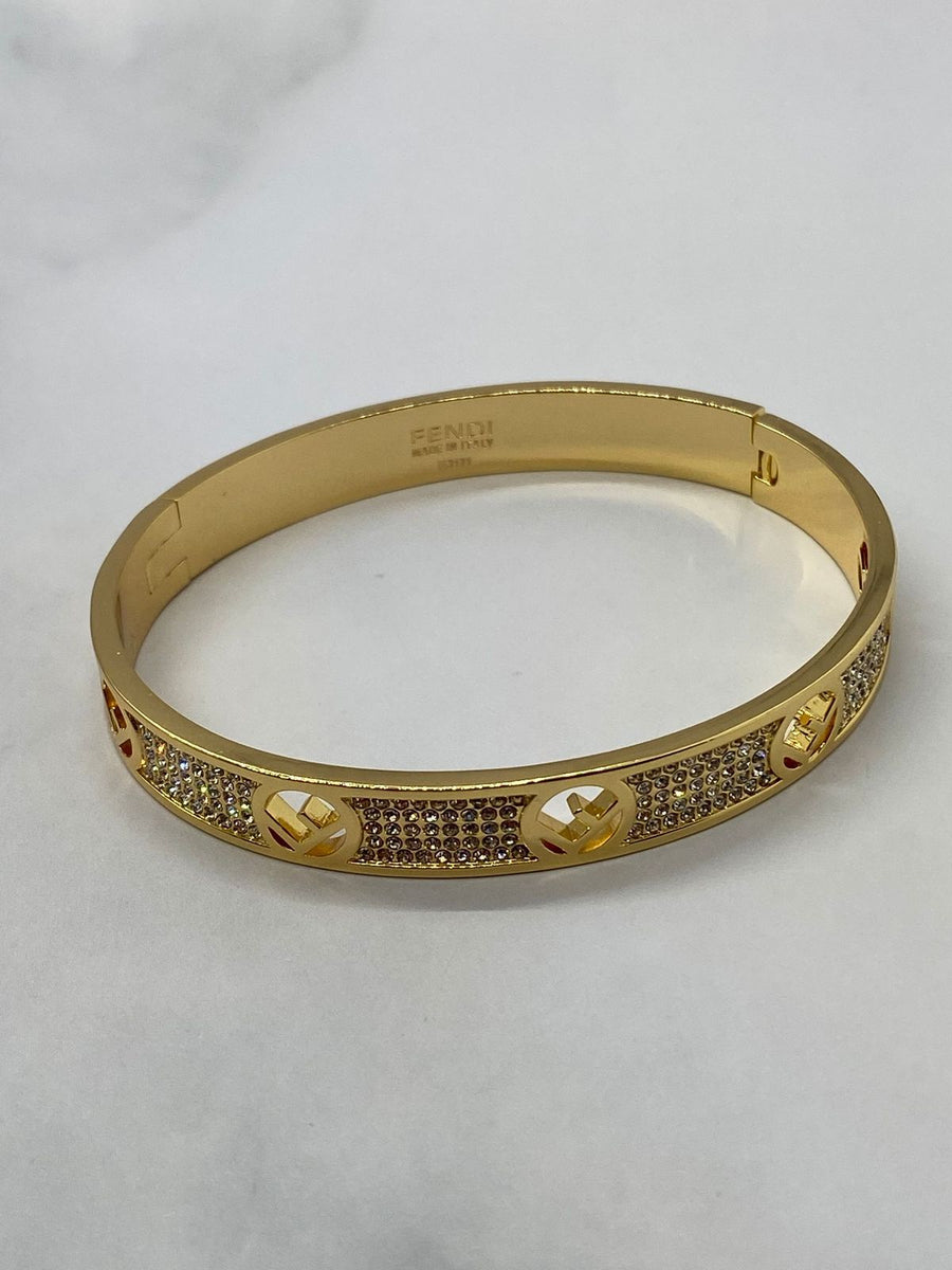 FENDI F Gold Tone Rhinestone Bangle Cuff Bracelet - Pre owned