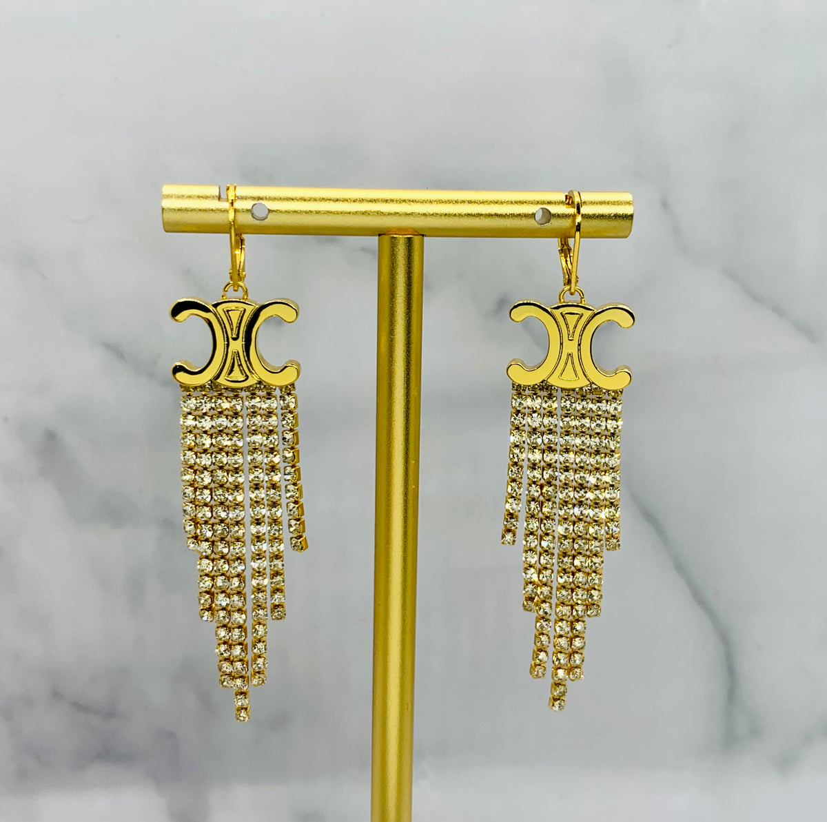CELINE Monogram Rhinestone Fringe Earrings - Pre owned