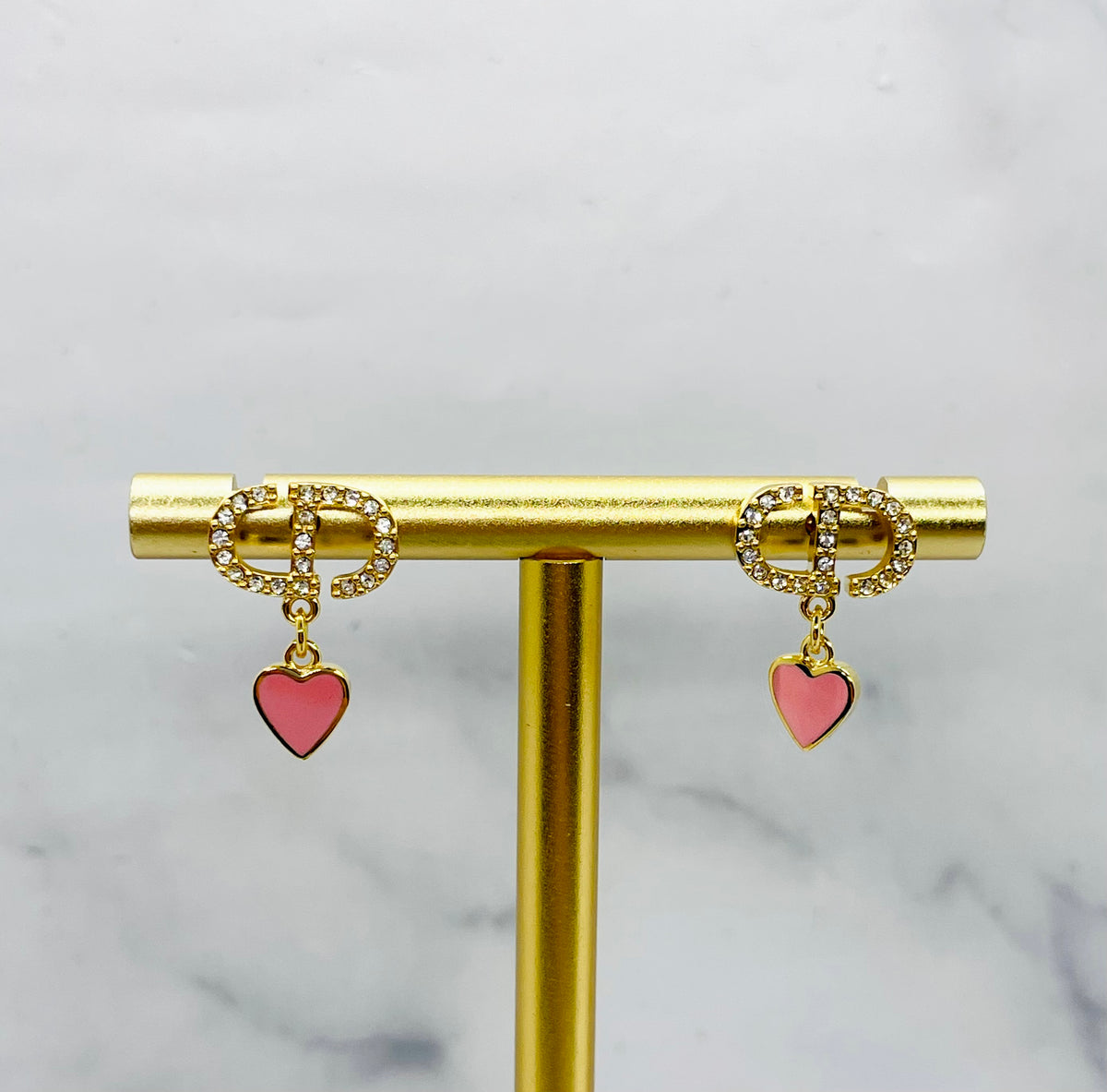 CHRISTIAN DIOR CD Pink Heart Pendant Earrings - Pre owned
