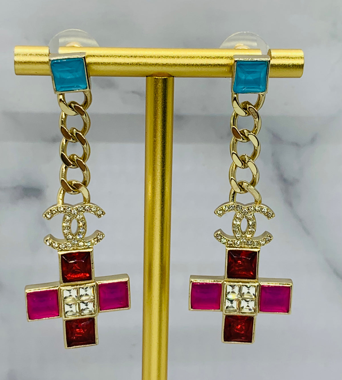CHANEL CC Rhinestone Cross Pendant Earrings - USED