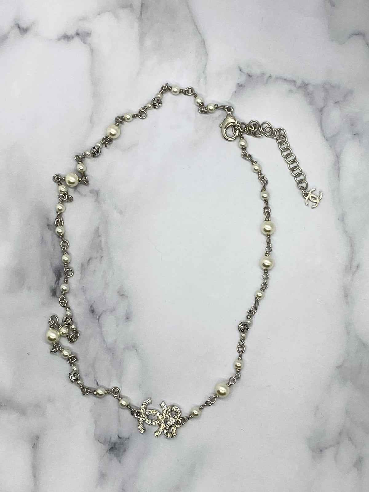 CHANEL CC Silver Tone Rhinestone Necklace - USED