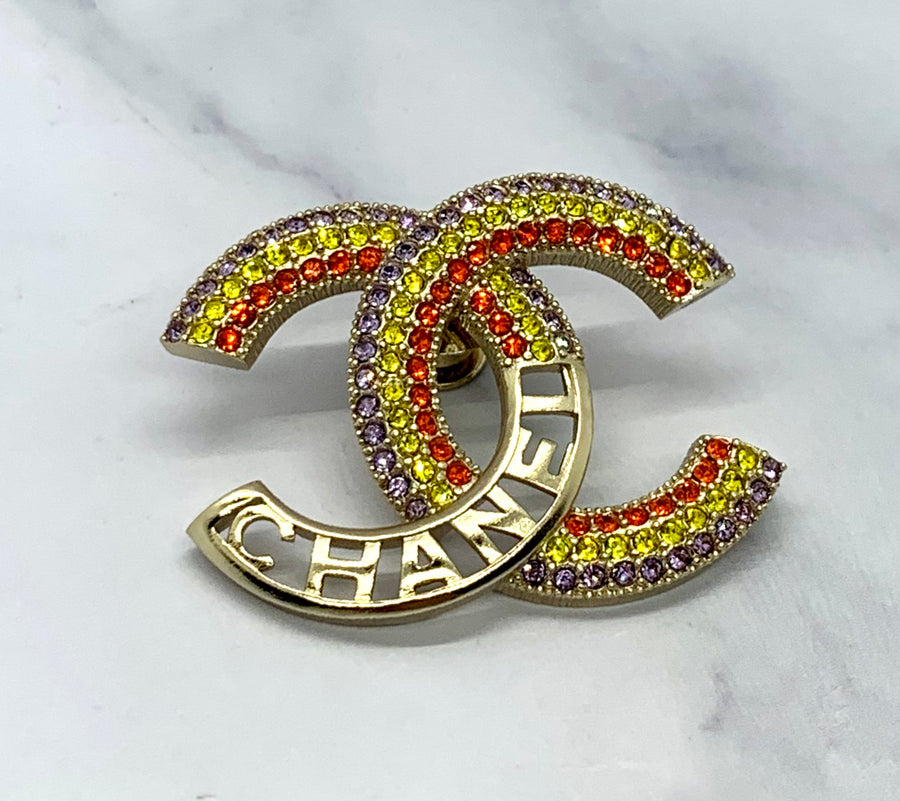 CHANEL CC Rainbow Rhinestone Brooch Pin - Pre owned